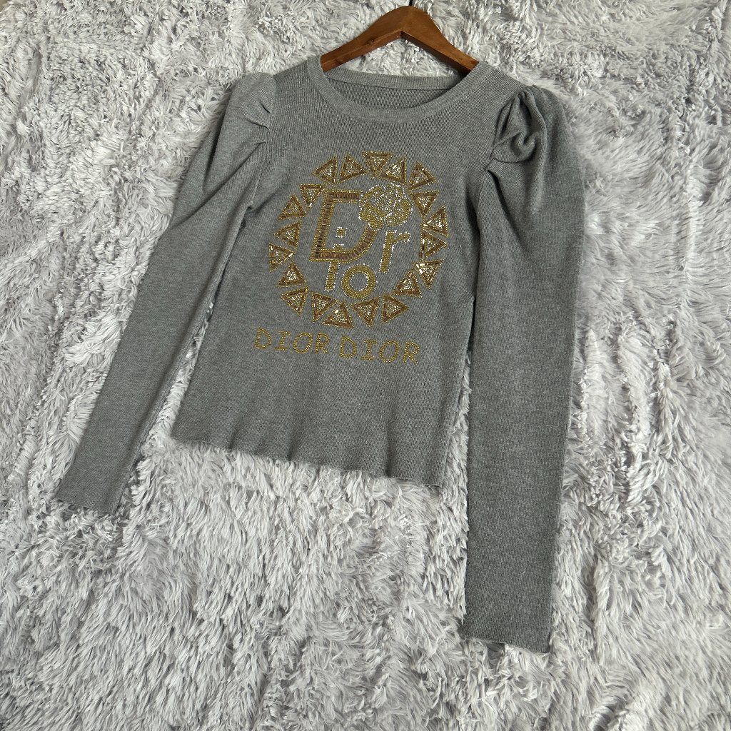 Dior Sweater Womens Small Gray Beaded Rhinestone Logo Puff Sleeve Knit Pullover